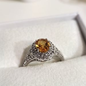 Genuine Sterling Silver Citrine Diamond Ring (Size 7)